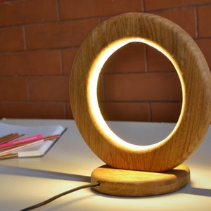 Table lamp of natural oak, wooden table light, wood bedside lamp, ring lamp of wood, circle fixture light, desk original handmade lamp