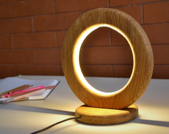 Table lamp of natural oak, wooden table light, wood bedside lamp, ring lamp of wood, circle fixture light, desk original handmade lamp