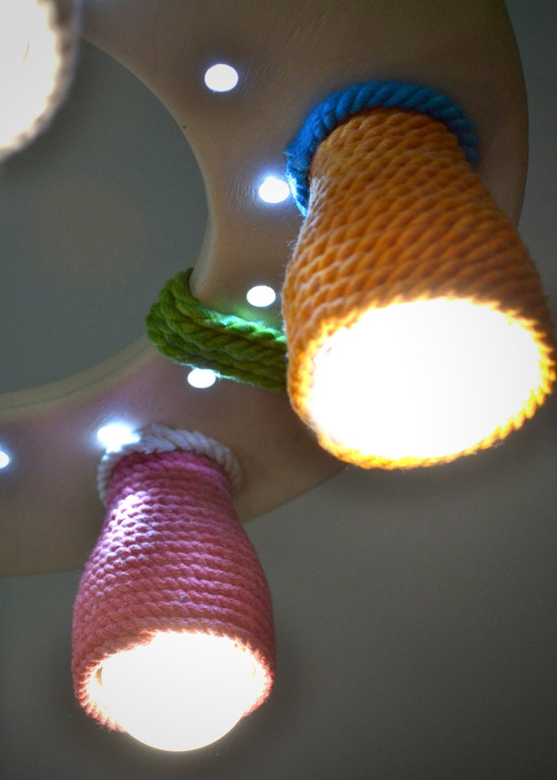 LED bulbs included Wooden chandelier for a child/'s room with color shades and LED dots