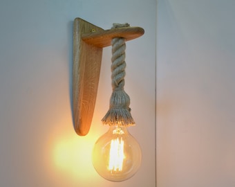 Wall light made of a rope and solid wood, edison bulb included, wooden sconce, rustic wooden light, natural oak wooden wall fixture