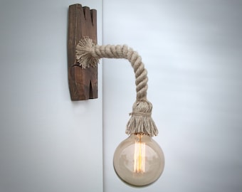 Wall light made from a rope and aged wood, edison bulb included, wooden original handmade sconce, rustic wooden light, wooden wall fixture
