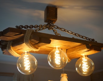 Lámpara de techo de madera envejecida, araña original hecha a mano, rústica, luz de madera, bombillas Edison, luminaria de techo