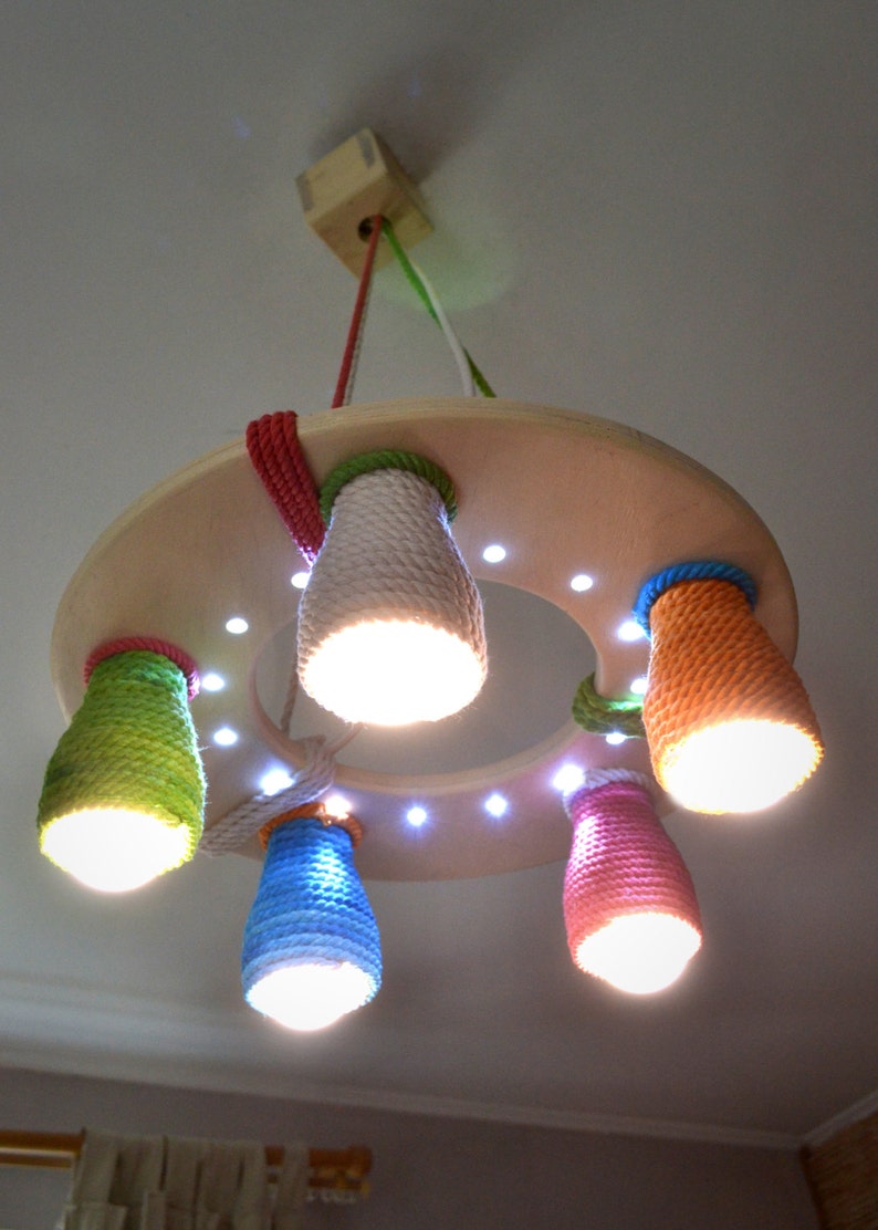 LED bulbs included Wooden chandelier for a child/'s room with color shades and LED dots