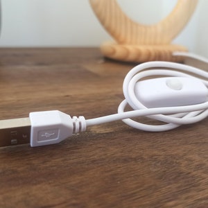 May include: White USB cable with a white inline switch and a USB connector. The cable is coiled on a wooden surface.
