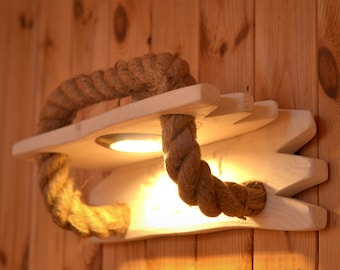 Wooden wall sconce, wall light from a natural wood, LED light for wall, wooden original lamp with jute rope, handmade lighting fixture