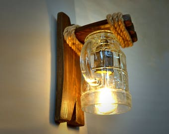 Handmade wall lamp of wood and a beer glass, wall sconce, wall fixtures, rustic wall lamp, rustic lighting, wooden wall lamp