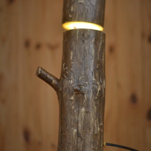 May include: A rustic wooden lamp designed to resemble a tree trunk. The lamp has a natural brown finish with visible wood grain and a small branch. The lamp has three sections that emit a warm, inviting light. A black power cord extends from the base.