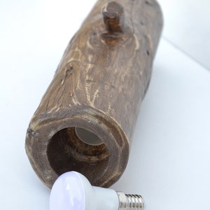 May include: A wooden log lamp base with a hole in the center for a light bulb. A white LED light bulb is shown next to the log base.