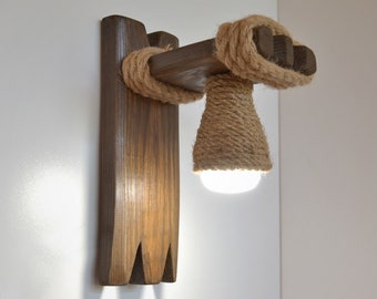Wooden sconce, wall light, lamp wall wooden, bedroom lamp, wooden lamp, rope lamp, living room lighting, rustic lamp, loft lamp wall fixture