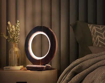 Bedside lamp of natural acacia, wooden handcrafted original light, wood bedside lamp, ring lamp of wood