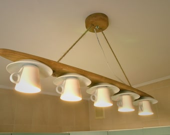 Araña de cocina colgante fabricada en roble natural y copas, iluminación para la cocina, araña sobre la mesa, aplique rústico de cocina