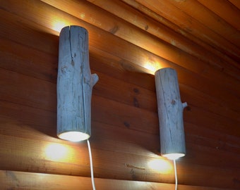 Pair of wooden white wall lights, set of sconces made of wood, log lamp, original wooden lighting, rustic wall decor, driftwood lights