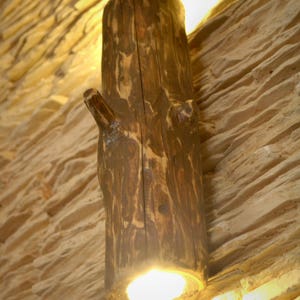 May include: A rustic wooden wall sconce with a light bulb inside. The sconce is shaped like a tree trunk with a branch extending out.