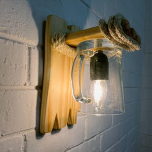Handcrafted wall sconce of solid pine wood and a beer glass, wall sconce, wall fixtures, rustic wall lamp, rustic lighting, wooden wall lamp