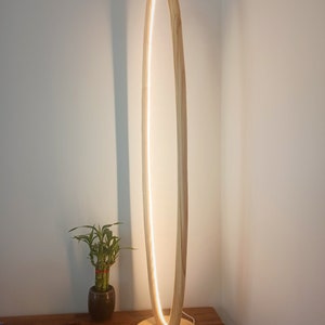 May include: A tall, wooden floor lamp with a curved, oval-shaped frame. The lamp has a warm white LED light that illuminates the frame. The lamp is sitting on a wooden table.