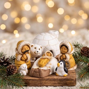 May include: A ceramic nativity set featuring two figures in tan parkas with white fur trim, a central infant in a tan swaddle, a white igloo, a white polar bear, and a black and white penguin. The figures are arranged on a wooden base.