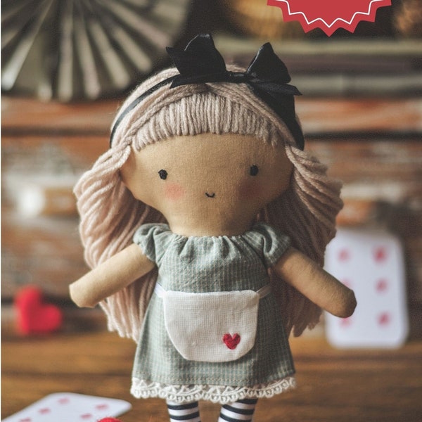 Alice in Wonderland doll sewing pattern pdf and tutorial, doll pattern