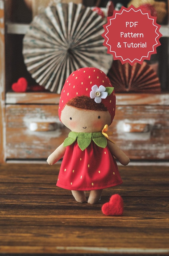 Strawberry doll pattern pdf, easy doll sewing pattern and tutorial, doll making pattern, dolls patterns, valentines day doll
