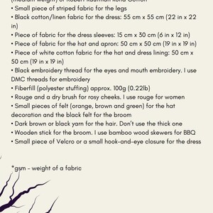 May include: A list of materials needed to make a Halloween doll. The list includes fabric, thread, fiberfill, felt, yarn, and a wooden stick. The list also includes the measurements for each material in inches and centimeters. The text at the bottom of the list reads "by HAPPYLABTOYS".