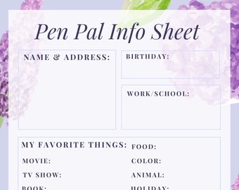 New Printable Penpal Info Sheet/ Intro Sheet ***Digital PDF Download***