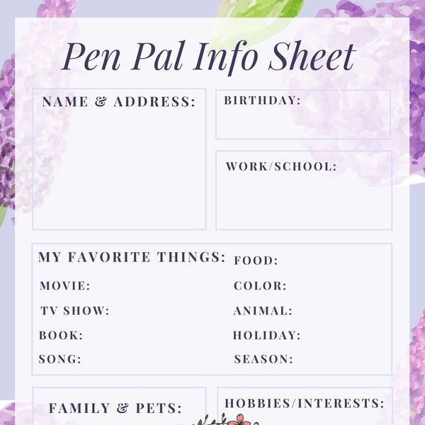 New Printable Penpal Info Sheet/ Intro Sheet ***Digital PDF Download***