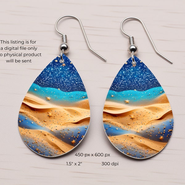 Sparkling Teardrop Earring in Blues and Gold with Gold Stars Sublimation Design for Instant Digital Download for Commercial or Own Use