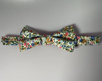 Floral Bow Tie: Multi-Coloured Flowers, Cream Background - Pre-Tied
