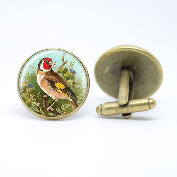 Goldfinch British garden bird cufflinks in bronze or silver setting presented in gift box for bird watchers