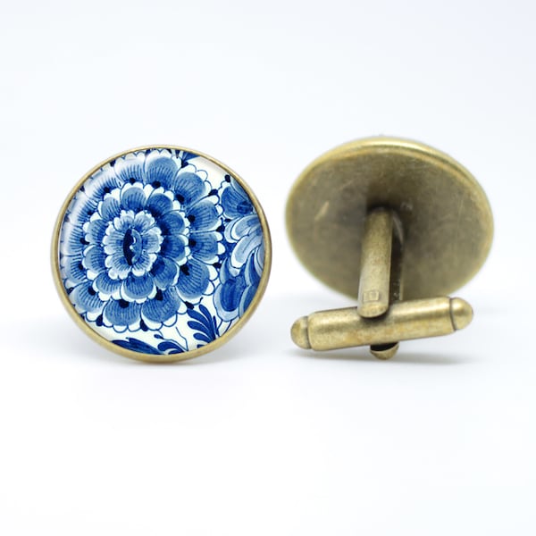 Blue and white china pottery Delftware cufflinks with flower design gift for him