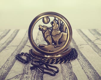 Wolf Pocket Watch: Bronze Wolves Howling at Moon, Waistcoat Chain