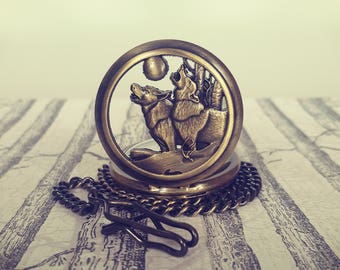 Wolf bronze plated pocket watch with wolves howling at the moon design and chain clasp for men's waistcoat