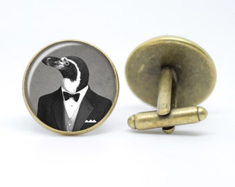 Penguin in a tuxedo bronze / silver plated cufflinks with dapper animal design gift for groomsmen