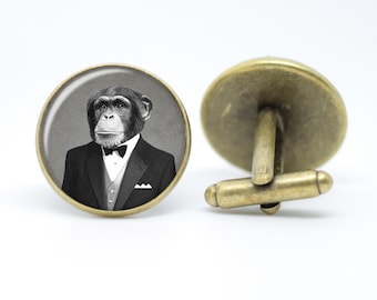 Chimp in Tuxedo Cufflinks: Bronze/Silver Plated Groomsmen Gift
