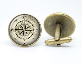 Vintage Compass Cufflinks: Bronze/Silver Plated, Gift Box Included