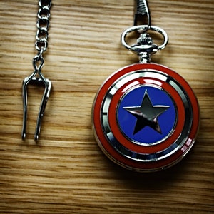 Captain America silver plated pocket watch with Marvel stars and stripes logo and silver pocket chain clasp for men's waistcoat gift for him image 2