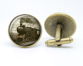 Vintage steam train bronze plated cufflinks with railway and train design gift for him