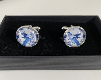 Blue Bird Cufflinks: Vintage Delftware Style Bird and Leaf Design