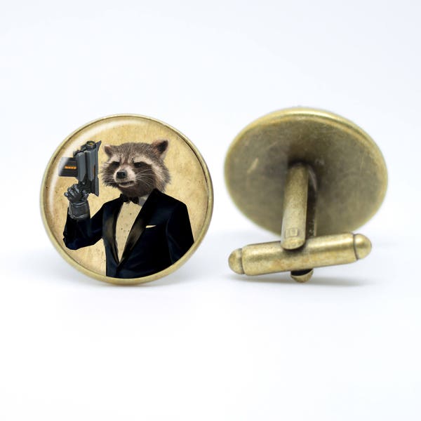 Guardians of the Galaxy dapper Rocket Raccoon vintage inspired Marvel bounty hunter bronze / silver plated cufflinks