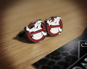 Ghostbusters men's gun metal grey plated cufflinks with "No Ghost" logo design
