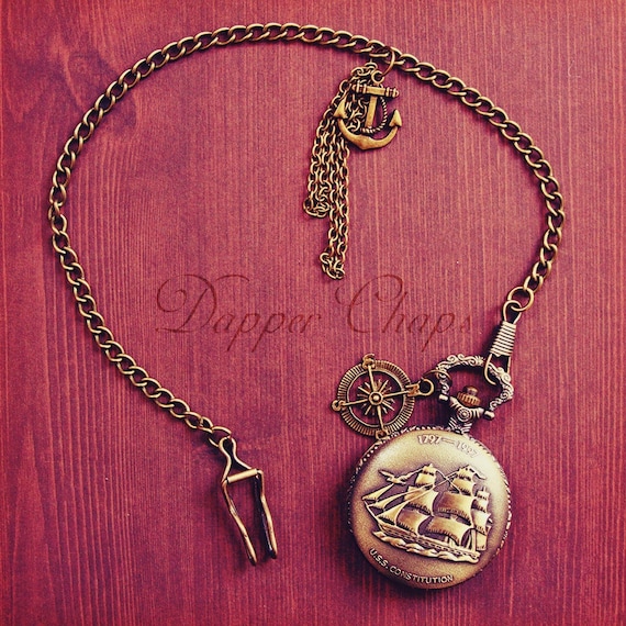 Nautical Bronze Plated Pocket Watch: Ship, Compass & Anchor - Waistcoat Chain