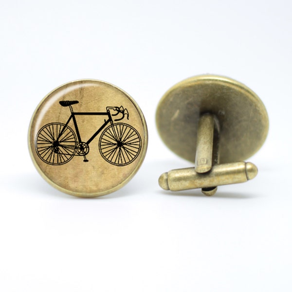 Bicycle cufflinks in bronze or silver setting presented in black gift box perfect for cyclists