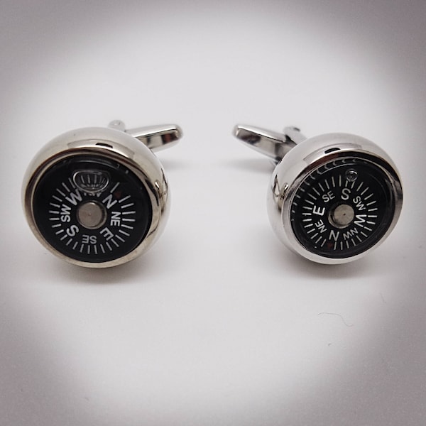 Real Magnetic Working compass cufflinks in silver plated setting with gift box