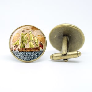 Nautical vintage Ship cufflinks in bronze / silver plated setting presented in a gift box