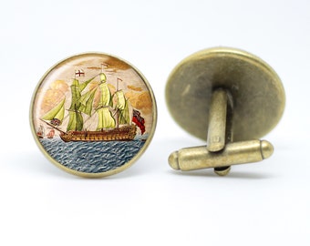 アンティーク英国商船海軍ボタンチェーンリンクカフスボタン – 23 mm