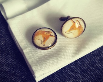 Fox head handmade cufflinks in a gift box featuring heritage woodland animal design