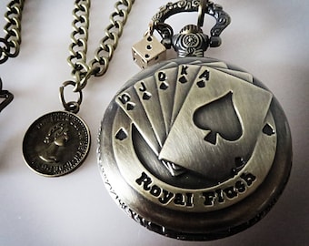 Bronze Royal Flush Pocket Watch: Casino Dice & Lucky Penny Charm
