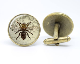 Worker bee cufflinks in bronze / silver setting presented in black gift box
