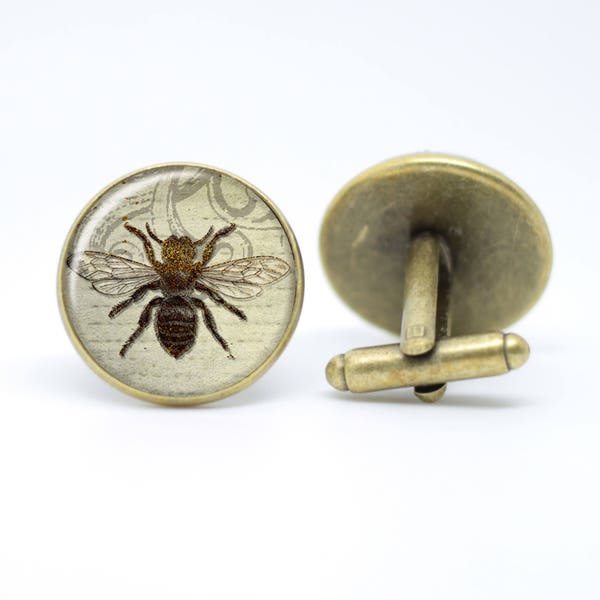 Worker bee cufflinks in bronze / silver setting presented in black gift box