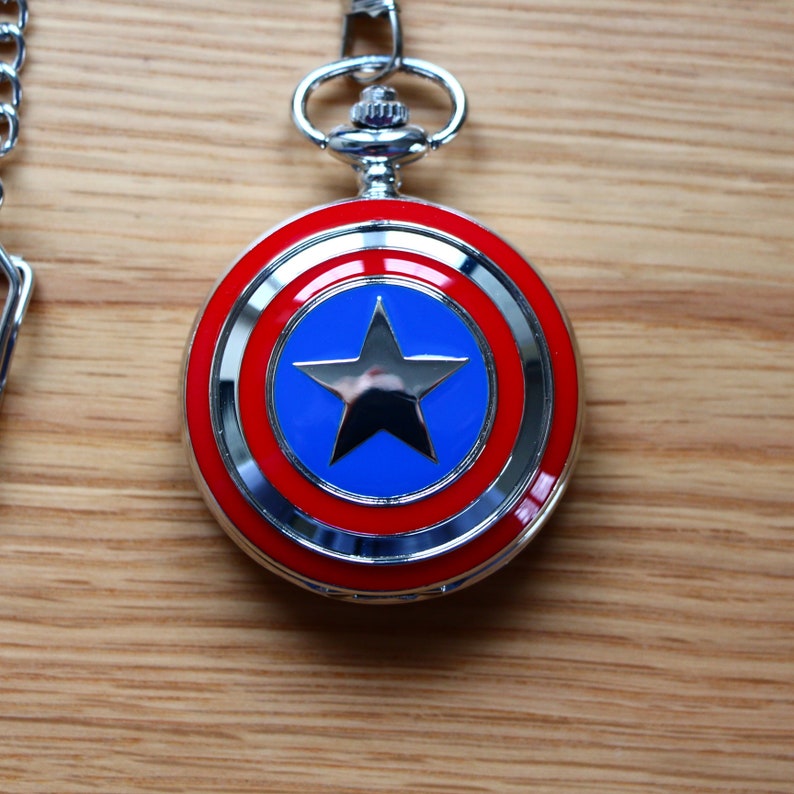 Captain America silver plated pocket watch with Marvel stars and stripes logo and silver pocket chain clasp for men's waistcoat gift for him image 6