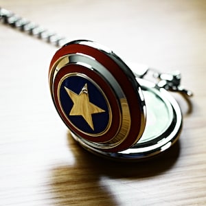 Captain America silver plated pocket watch with Marvel stars and stripes logo and silver pocket chain clasp for men's waistcoat gift for him image 1